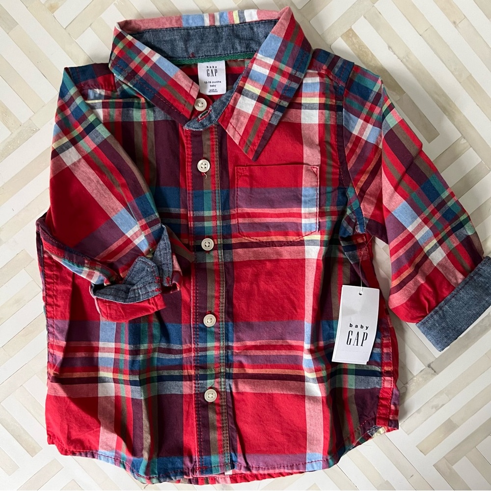 GAP Baby Red Plaid Button Down Shirt, 12-18mo - NEW
